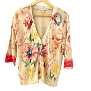J. Jill Cream Floral Watercolor Cardigan with Pink, Yellow & Blue Accents